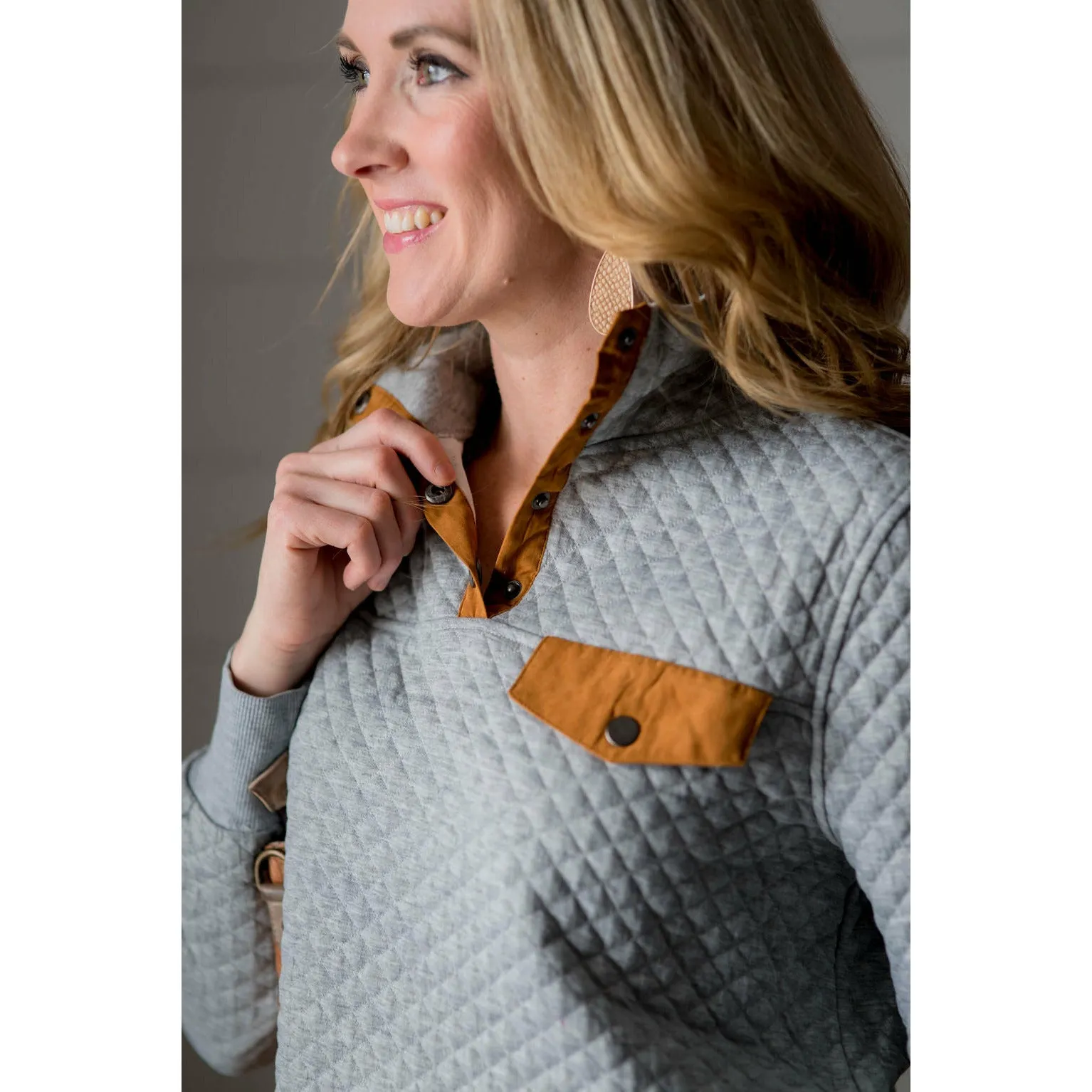 Quilted Button Accent Pullover - Cognac