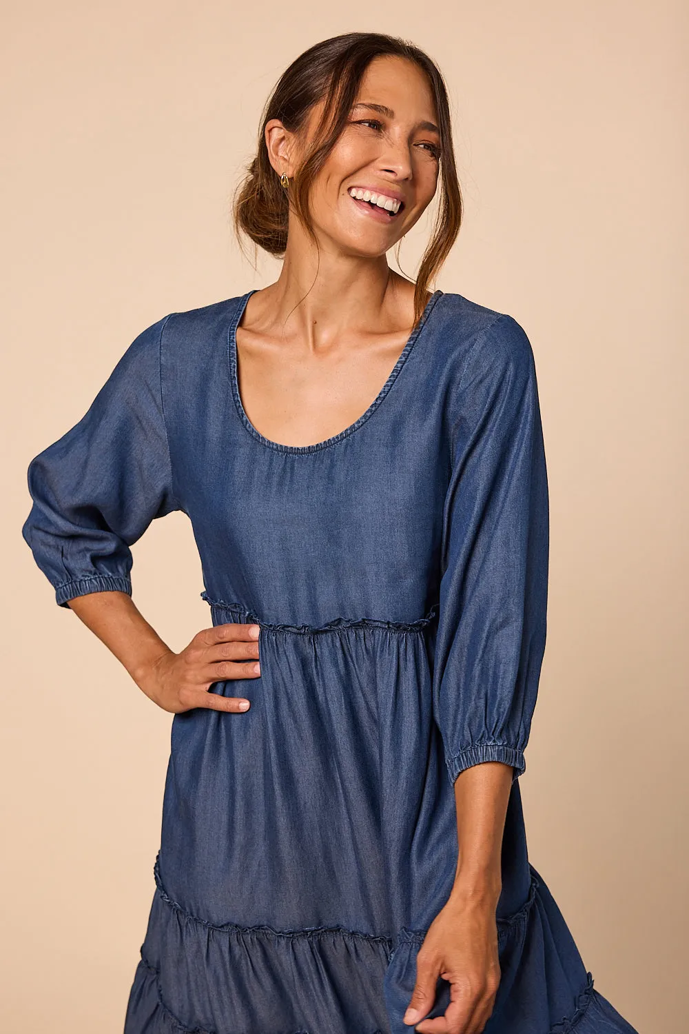 Sabre Frill 3/4 Sleeve Maxi Tencel Dress in Mid Wash