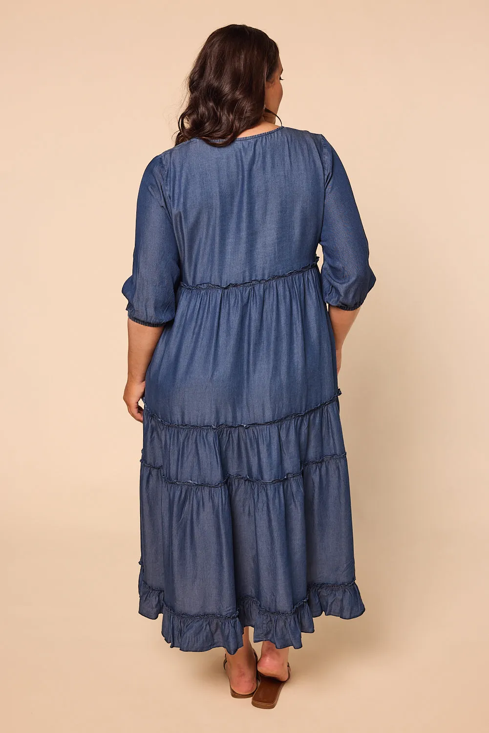 Sabre Frill 3/4 Sleeve Maxi Tencel Dress in Mid Wash