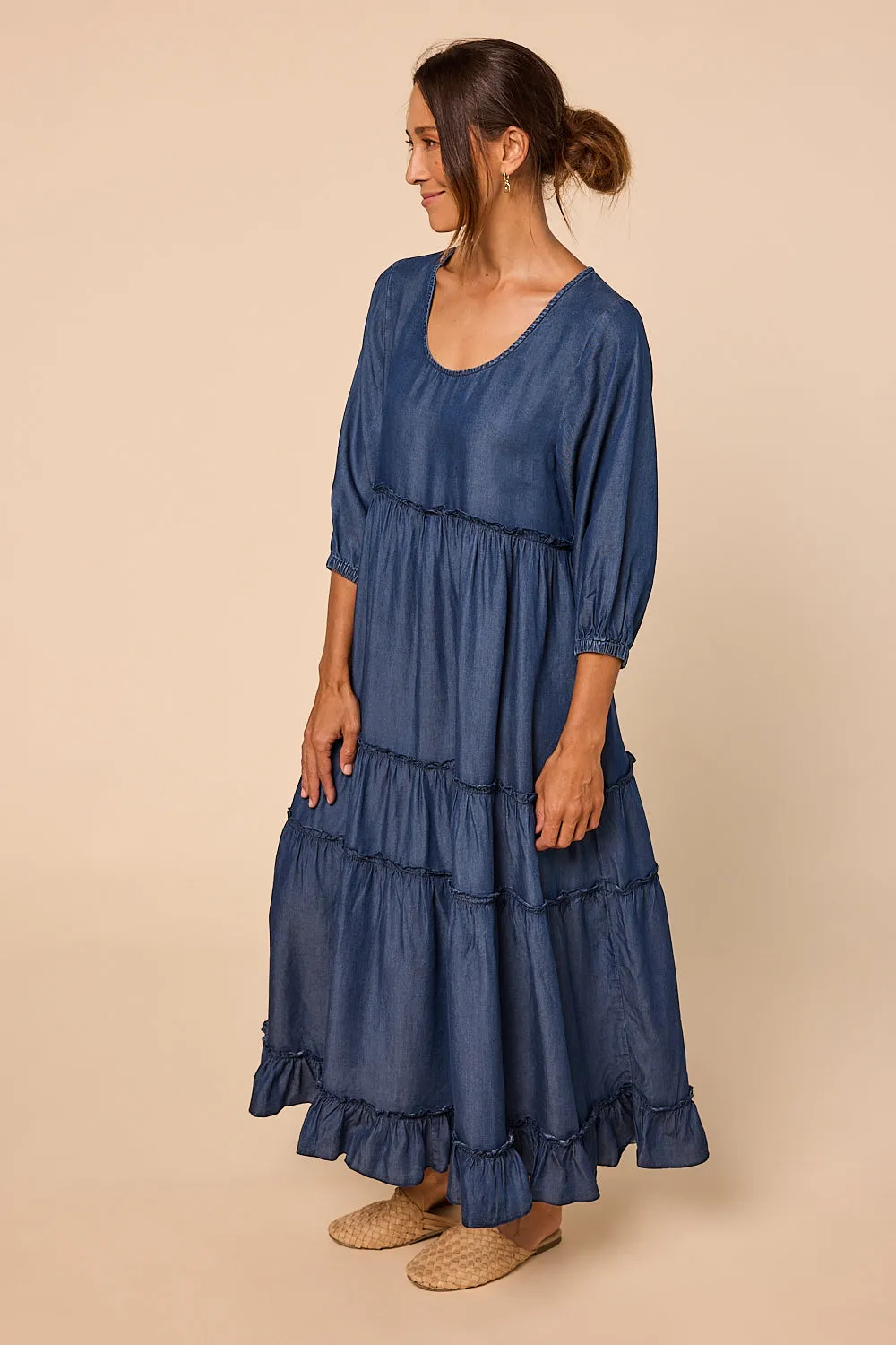 Sabre Frill 3/4 Sleeve Maxi Tencel Dress in Mid Wash