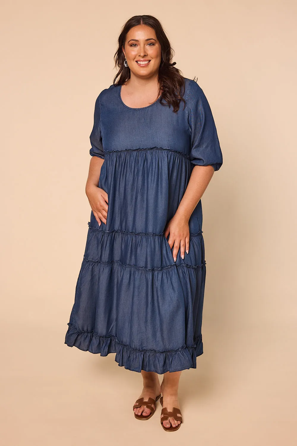 Sabre Frill 3/4 Sleeve Maxi Tencel Dress in Mid Wash