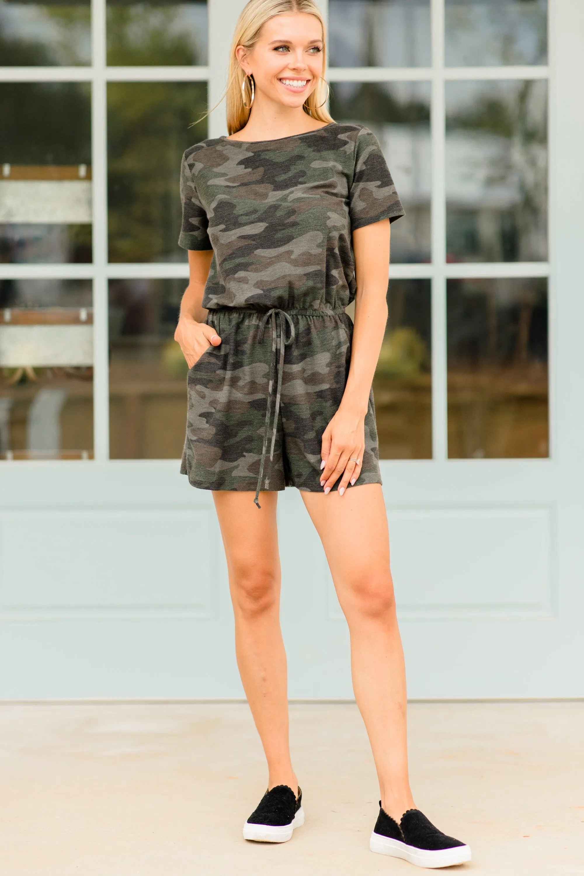 See What Happens Olive Green Camo Romper