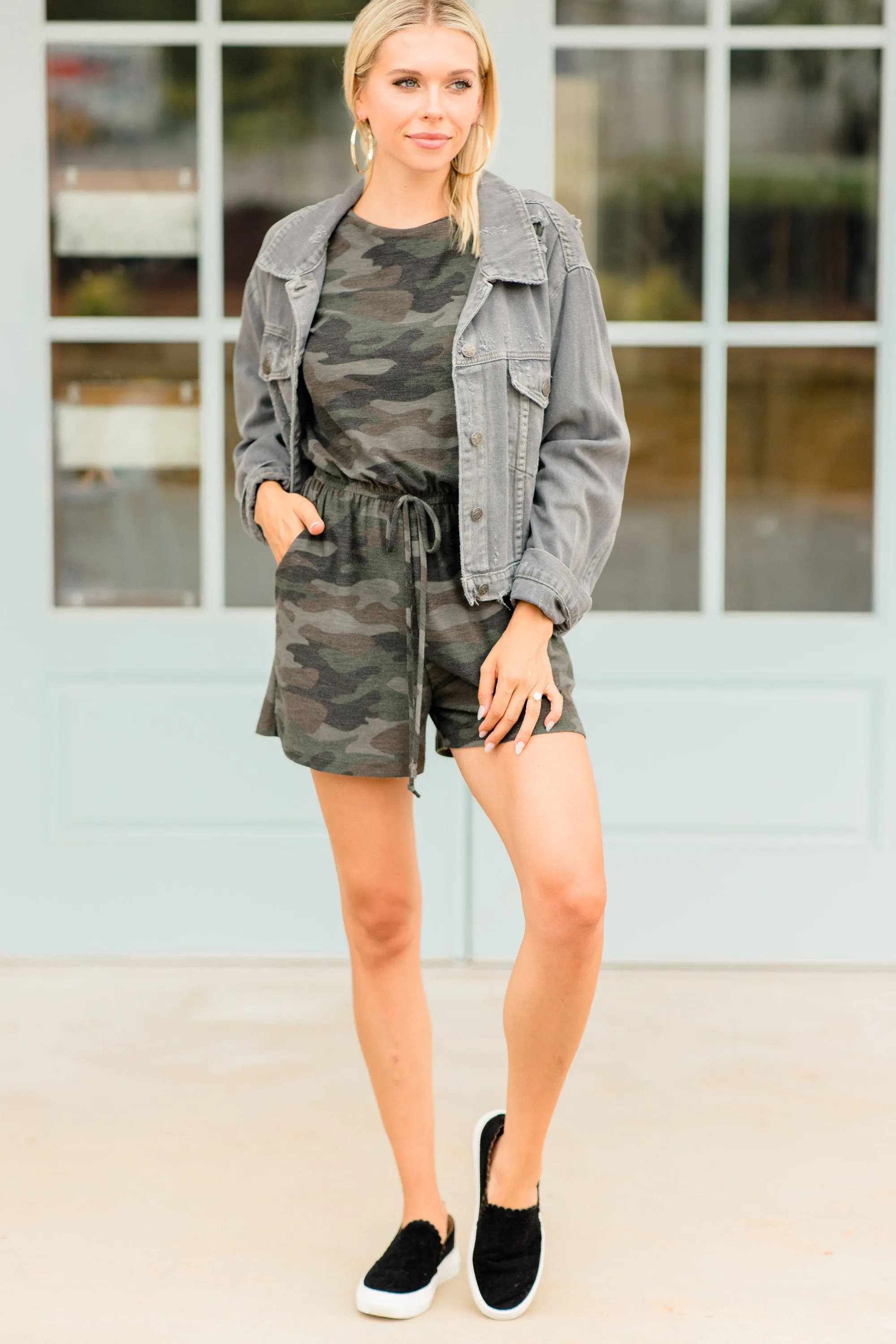 See What Happens Olive Green Camo Romper