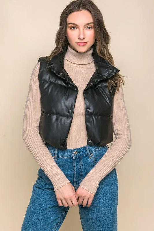 Stylish Cropped Faux Leather Puffer