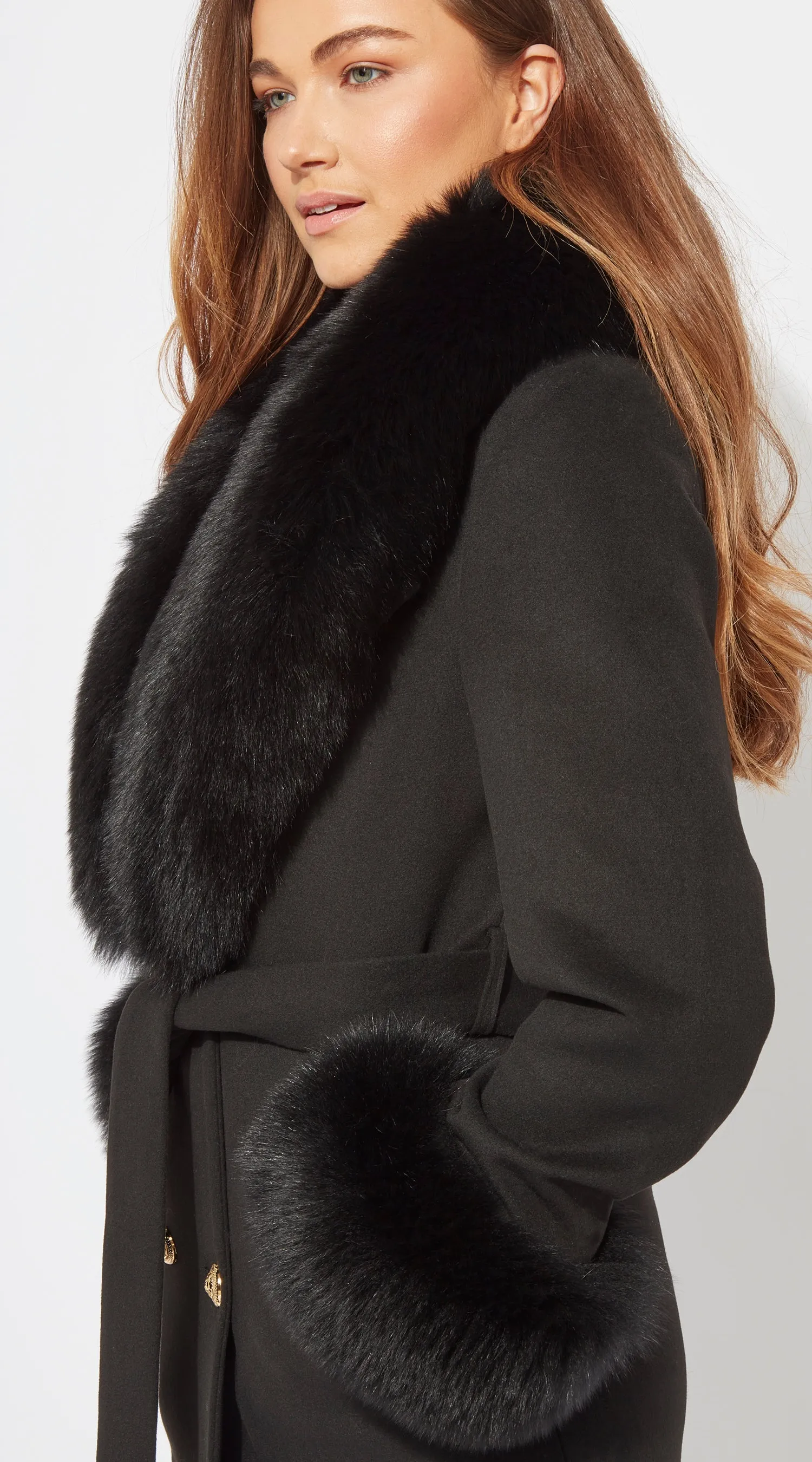 Supreme Luxy Cashmere & Fox Fur Belted Coat - Black