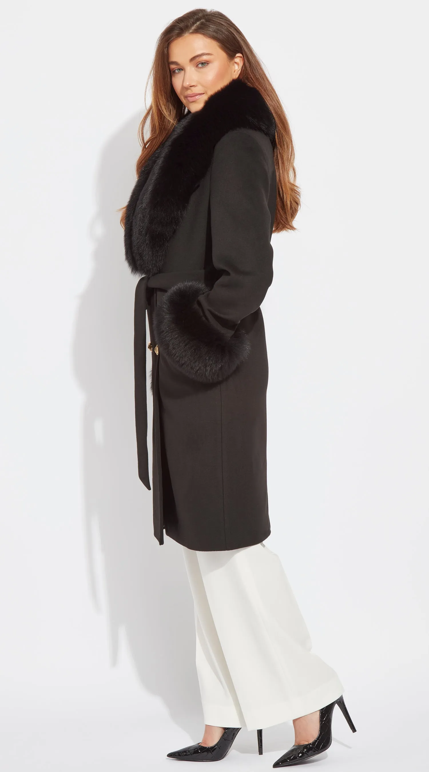 Supreme Luxy Cashmere & Fox Fur Belted Coat - Black