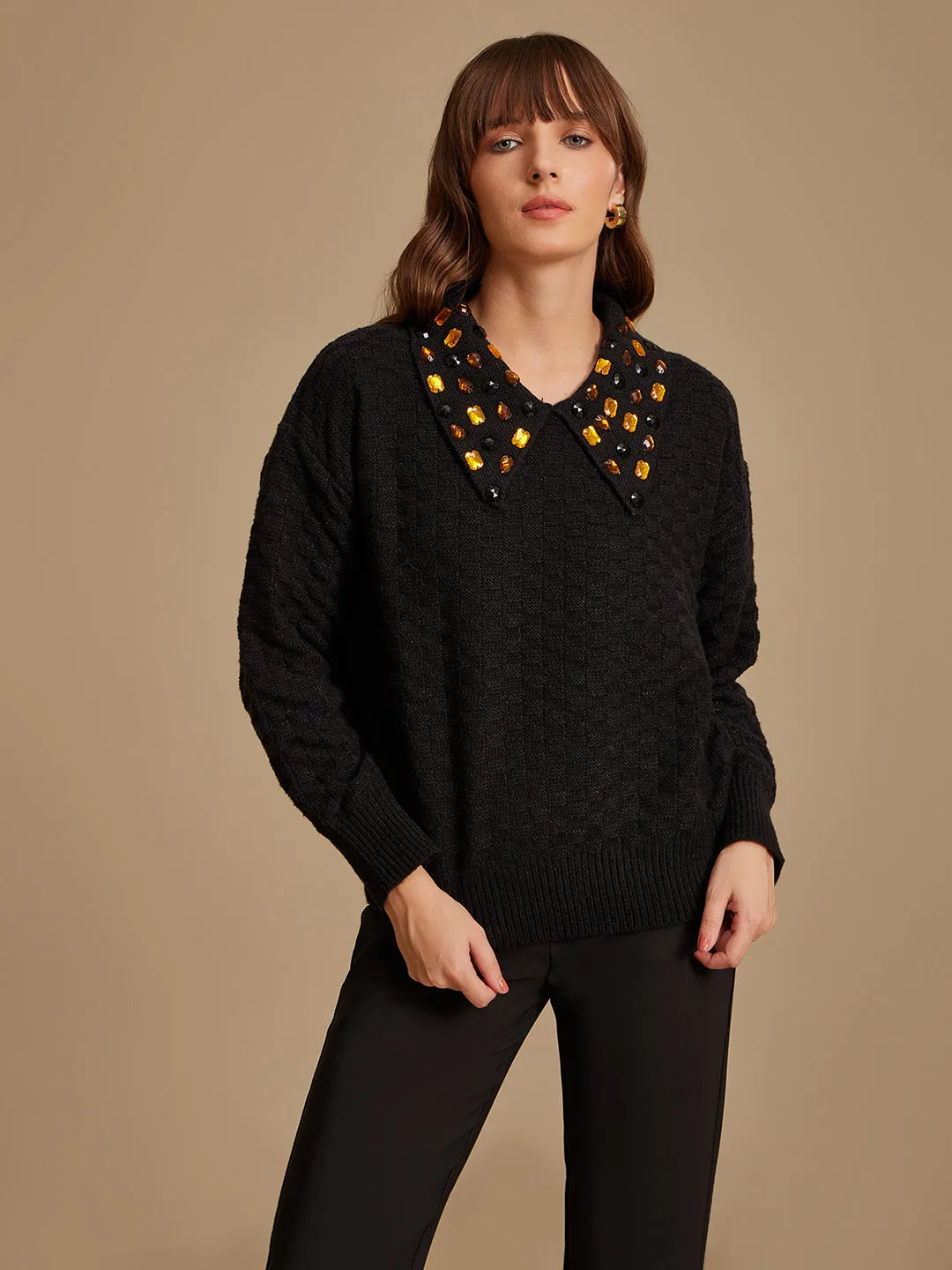 Textured Pullover With Collar And Embellishment