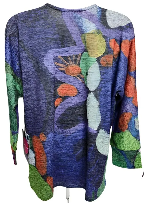 Top Knit Pullover 3/4 Sleeve Purple/Green Abstract Women's 91703