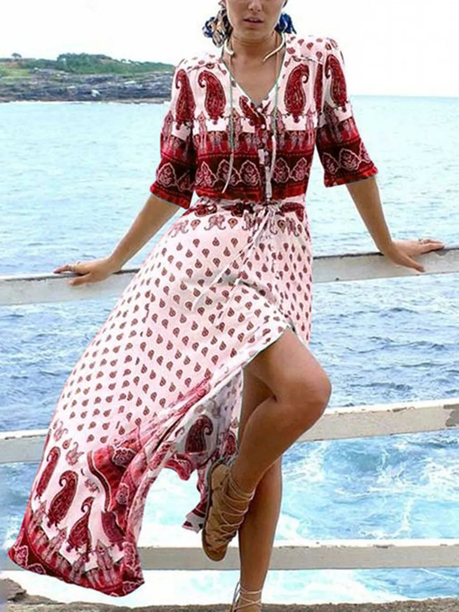 V-Neck Printed Bohemian Dress