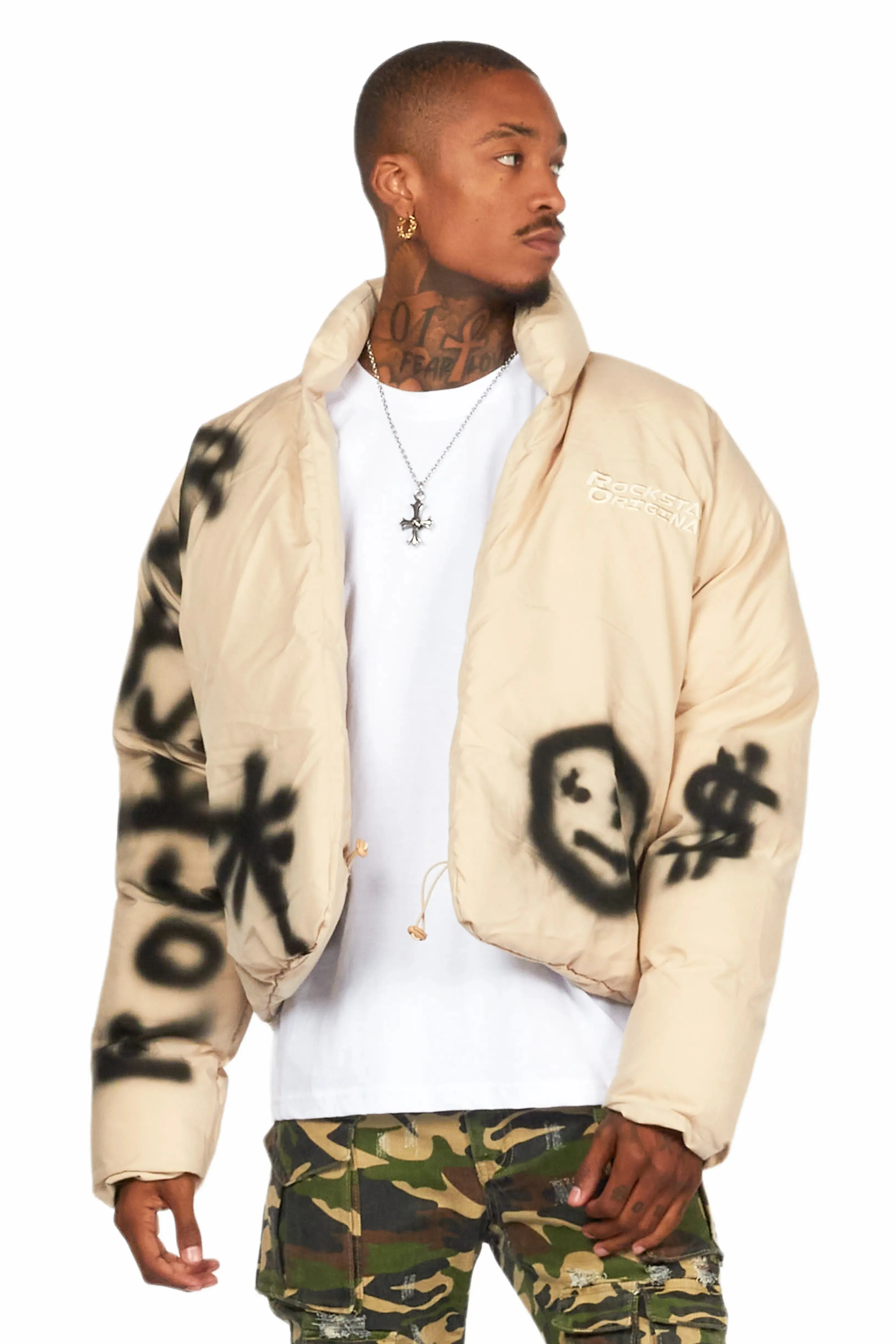 Veda Beige Graphic Puffer Jacket