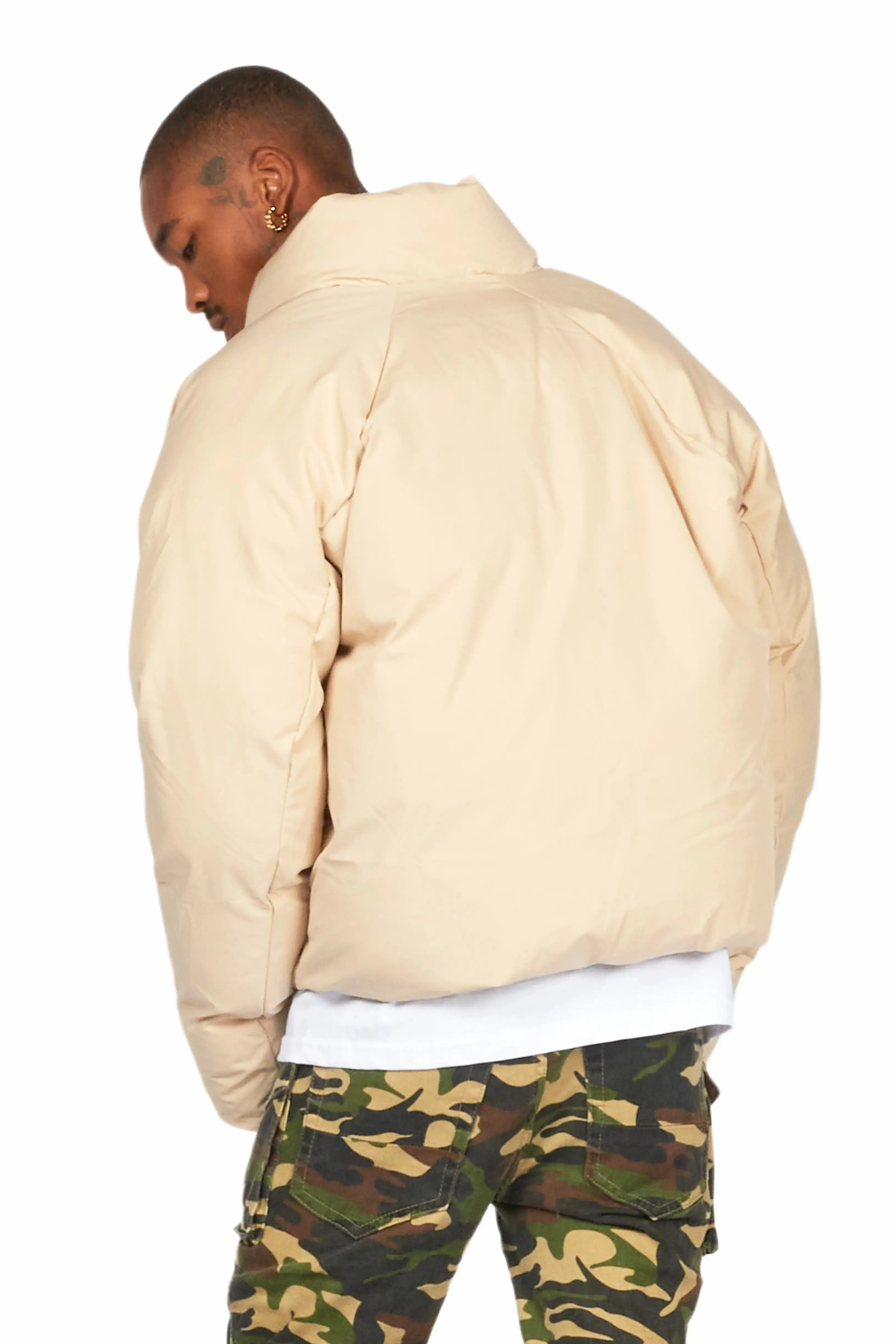 Veda Beige Graphic Puffer Jacket