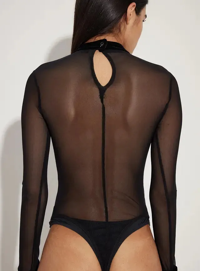 Velvet Bodysuit - Sheer Mesh with Velvet - Clubwear