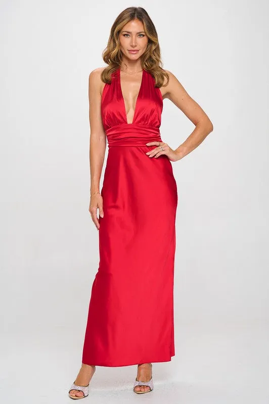 Waitlist 12/8 ♥ Kristi Sleeveless Deep Neck Halter Satin Maxi Dress Red