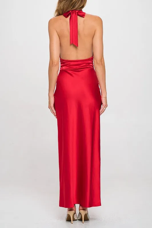 Waitlist 12/8 ♥ Kristi Sleeveless Deep Neck Halter Satin Maxi Dress Red