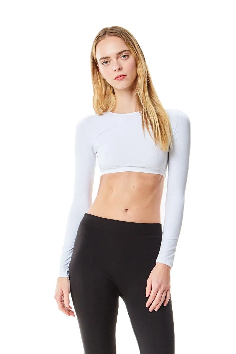 White Microfiber Long Sleeve Cropped Layering Top Shell