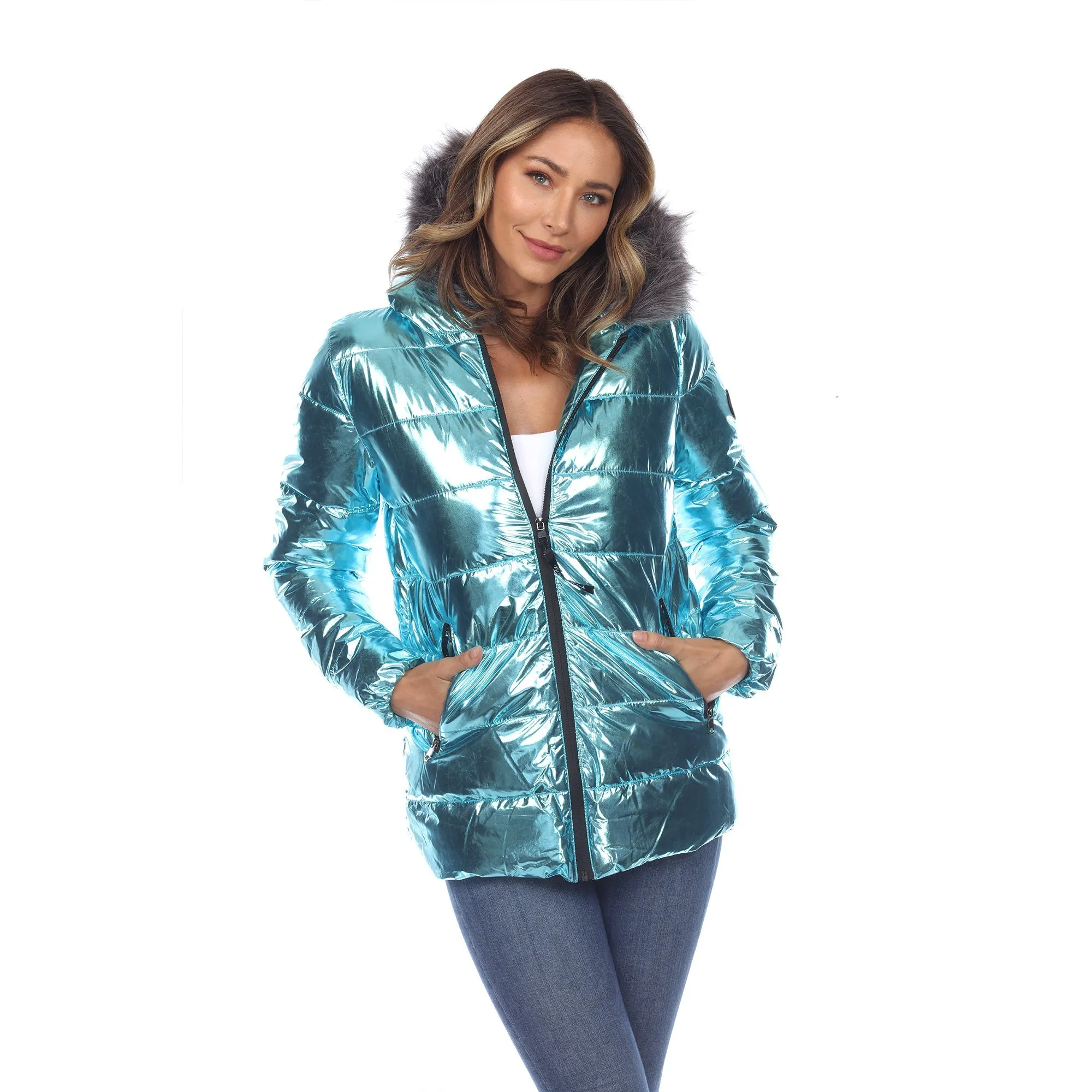 Women's Metallic Puffer Coat with Hoodie