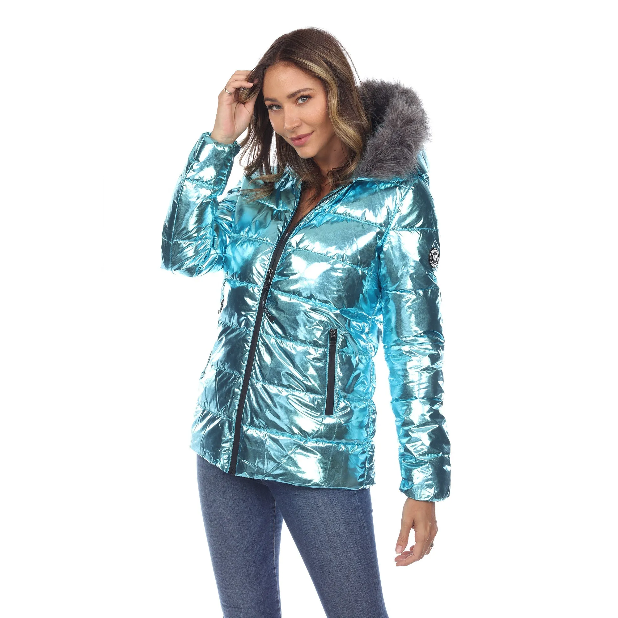 Women's Metallic Puffer Coat with Hoodie