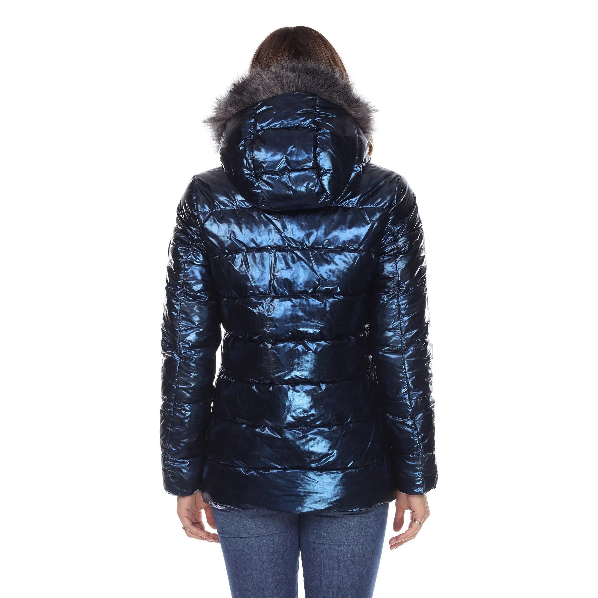 Women's Metallic Puffer Coat with Hoodie