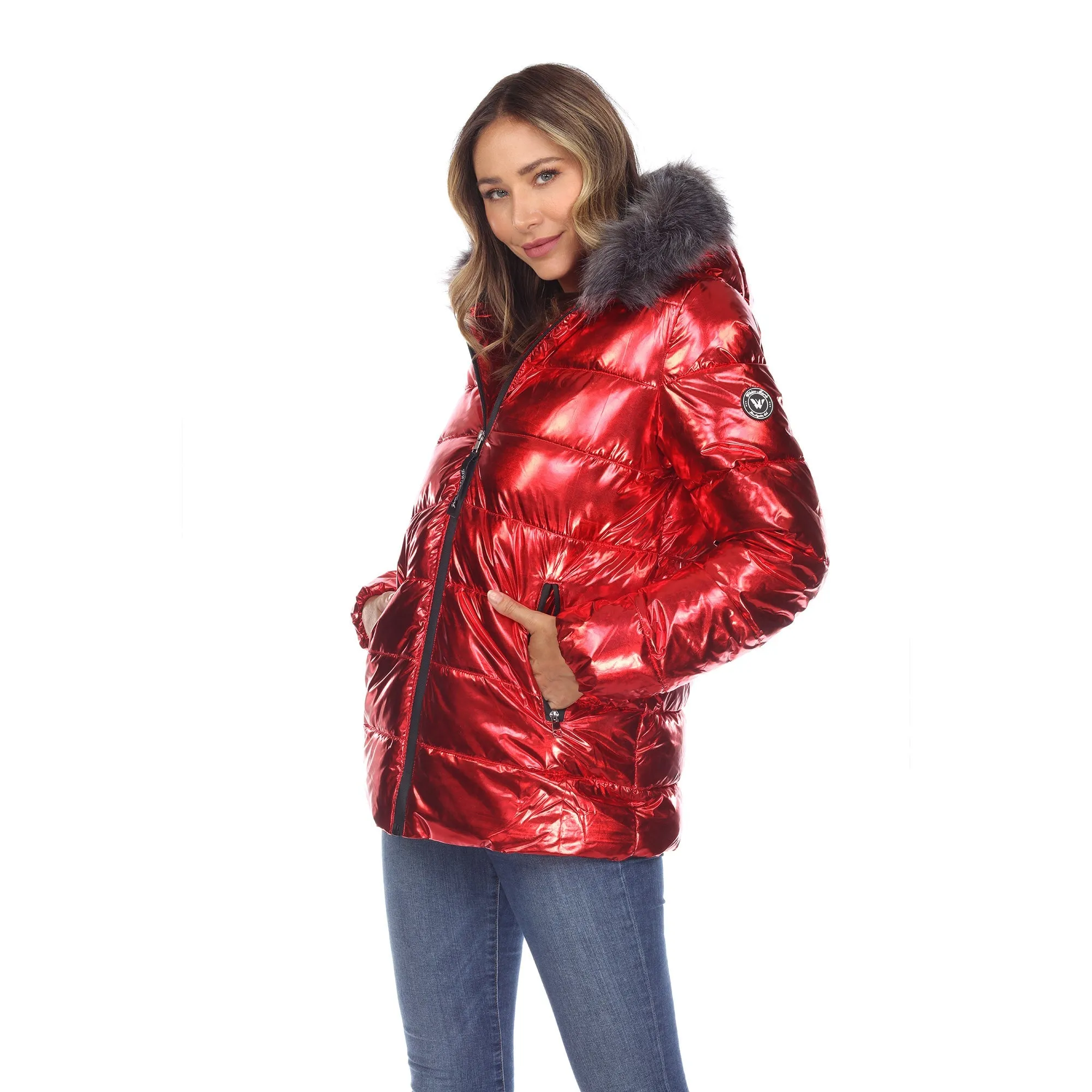 Women's Metallic Puffer Coat with Hoodie