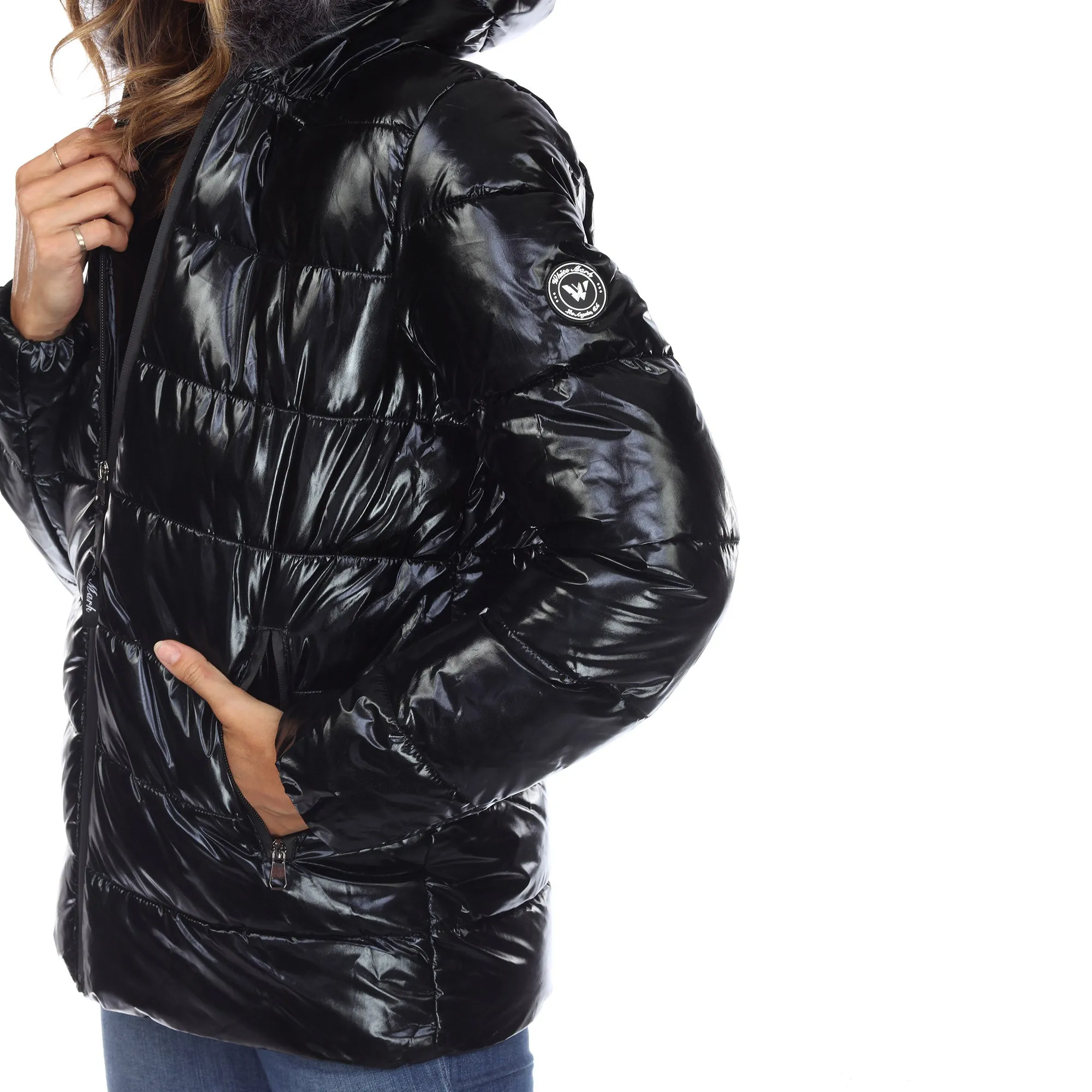 Women's Metallic Puffer Coat with Hoodie