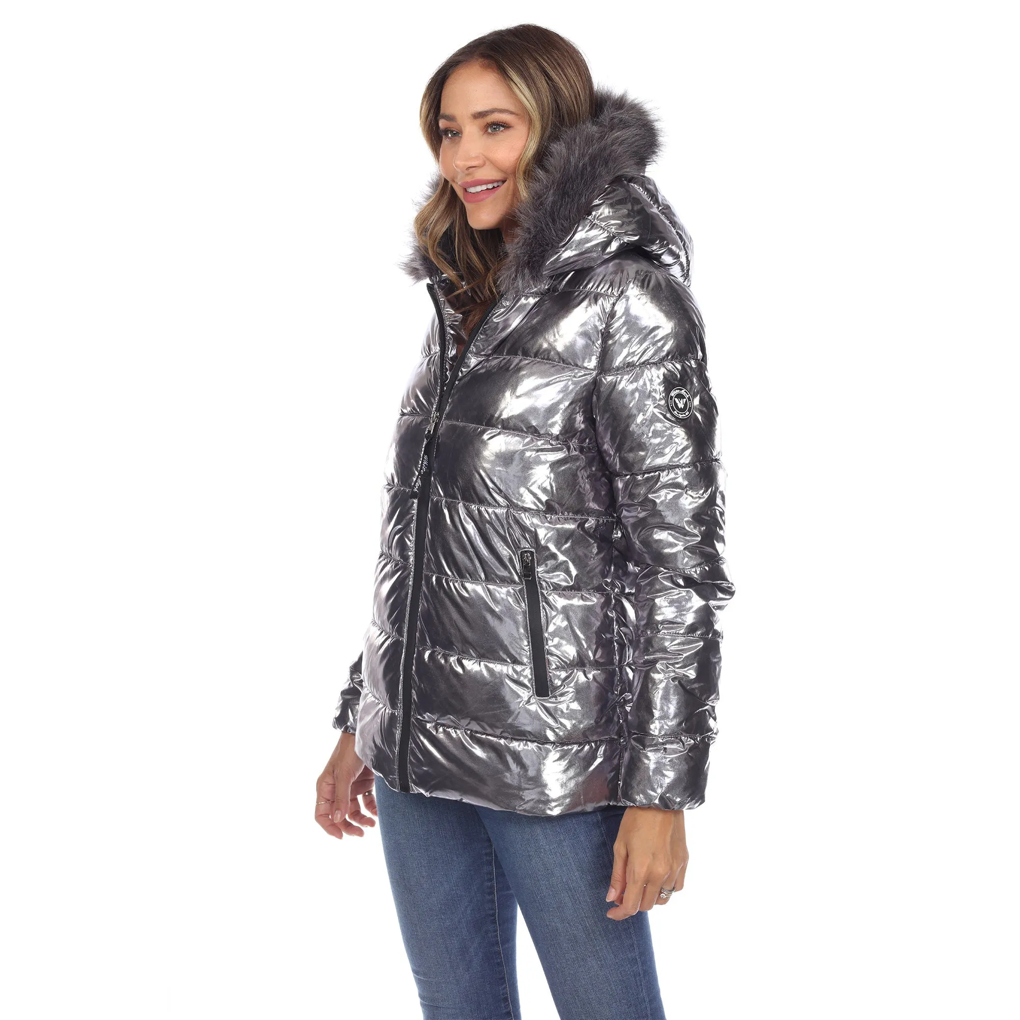 Women's Metallic Puffer Coat with Hoodie