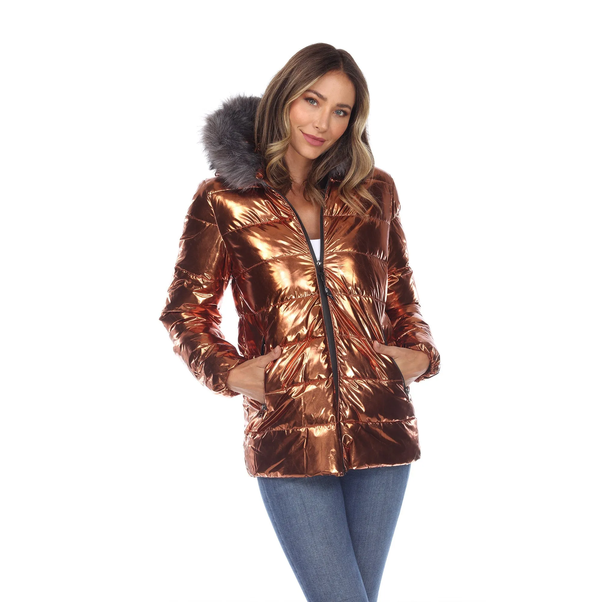 Women's Metallic Puffer Coat with Hoodie