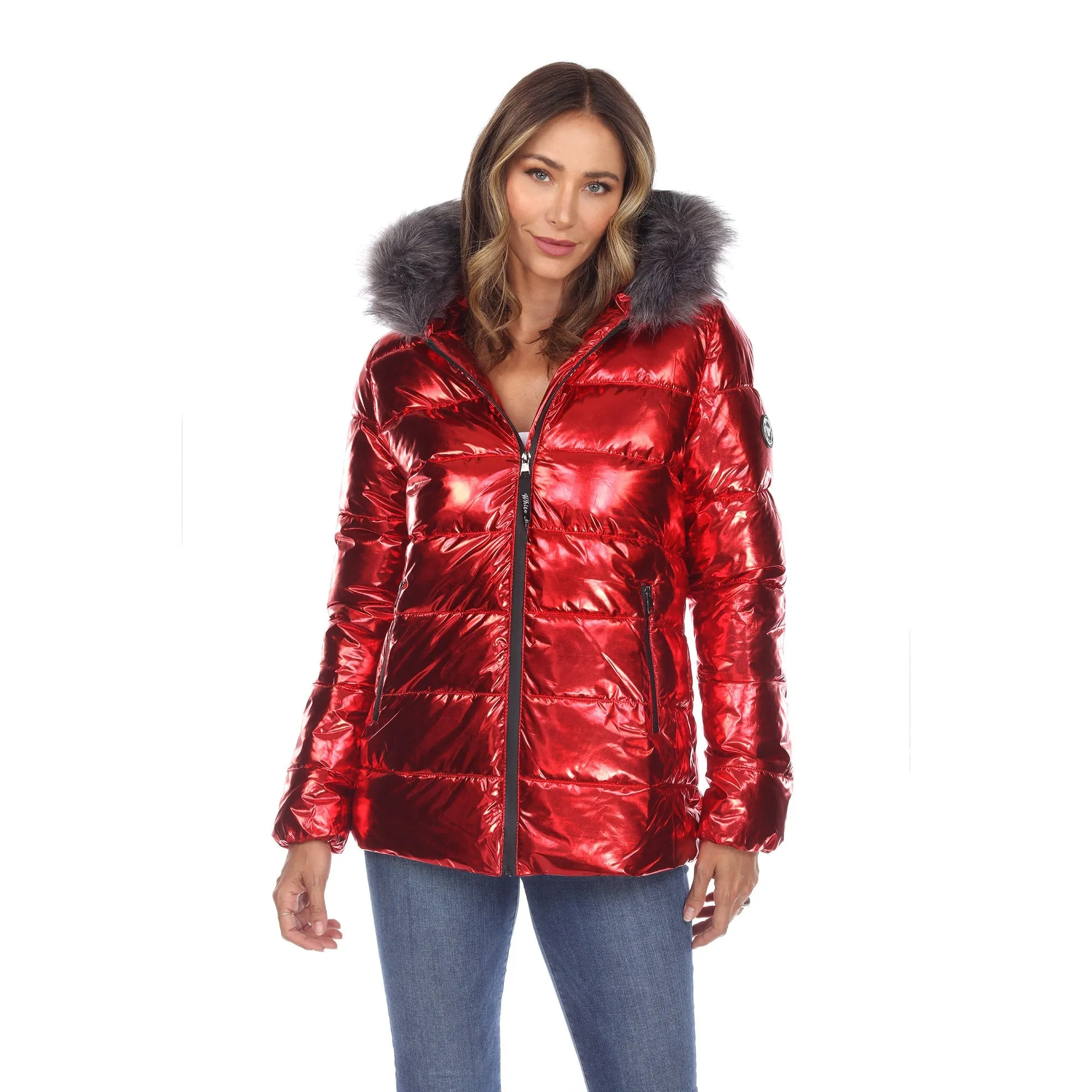 Women's Metallic Puffer Coat with Hoodie