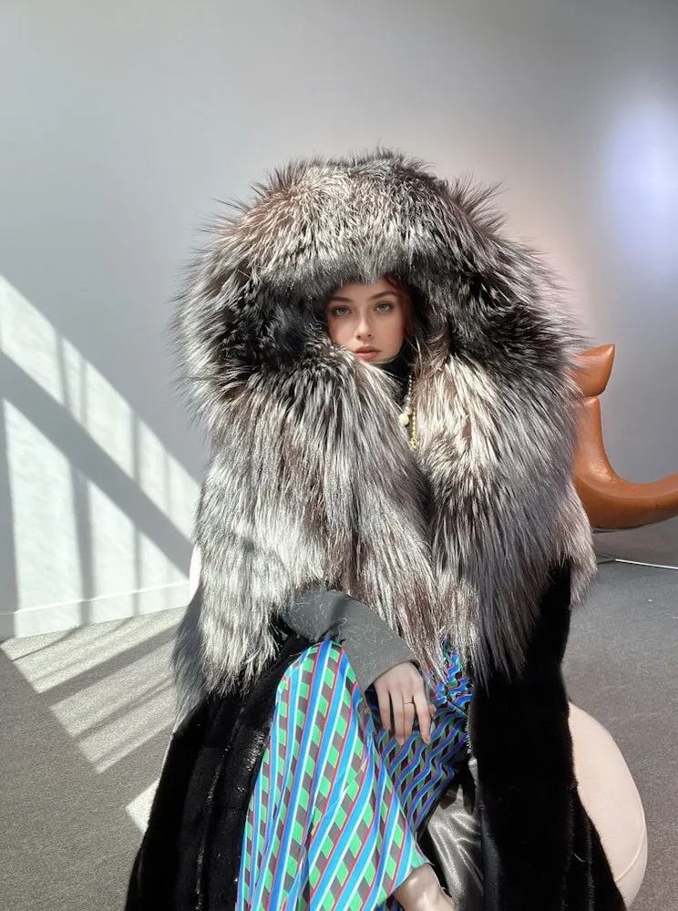 Women's Mink Fur Coat with Fox Fur Collar - Silver Fox and Mink - G0026