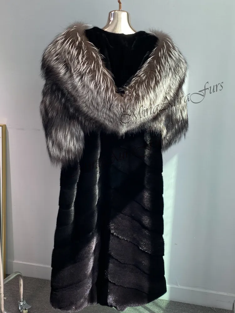 Women's Mink Fur Coat with Fox Fur Collar - Silver Fox and Mink - G0026