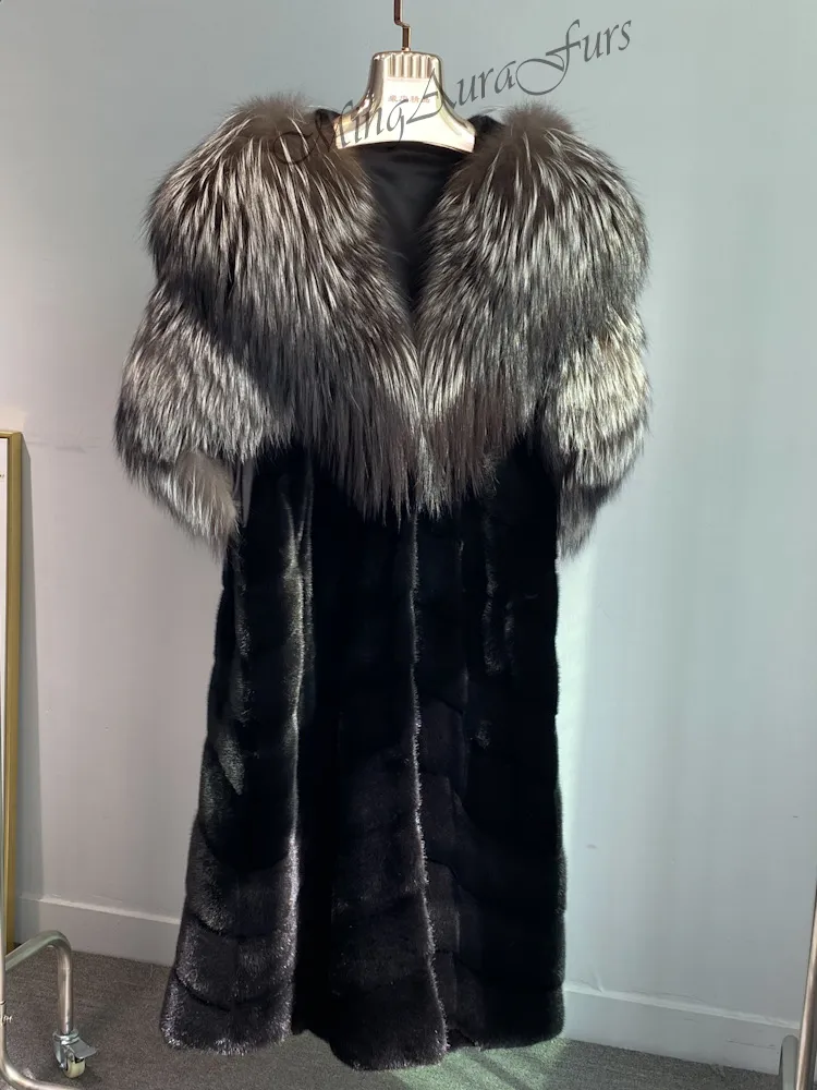 Women's Mink Fur Coat with Fox Fur Collar - Silver Fox and Mink - G0026