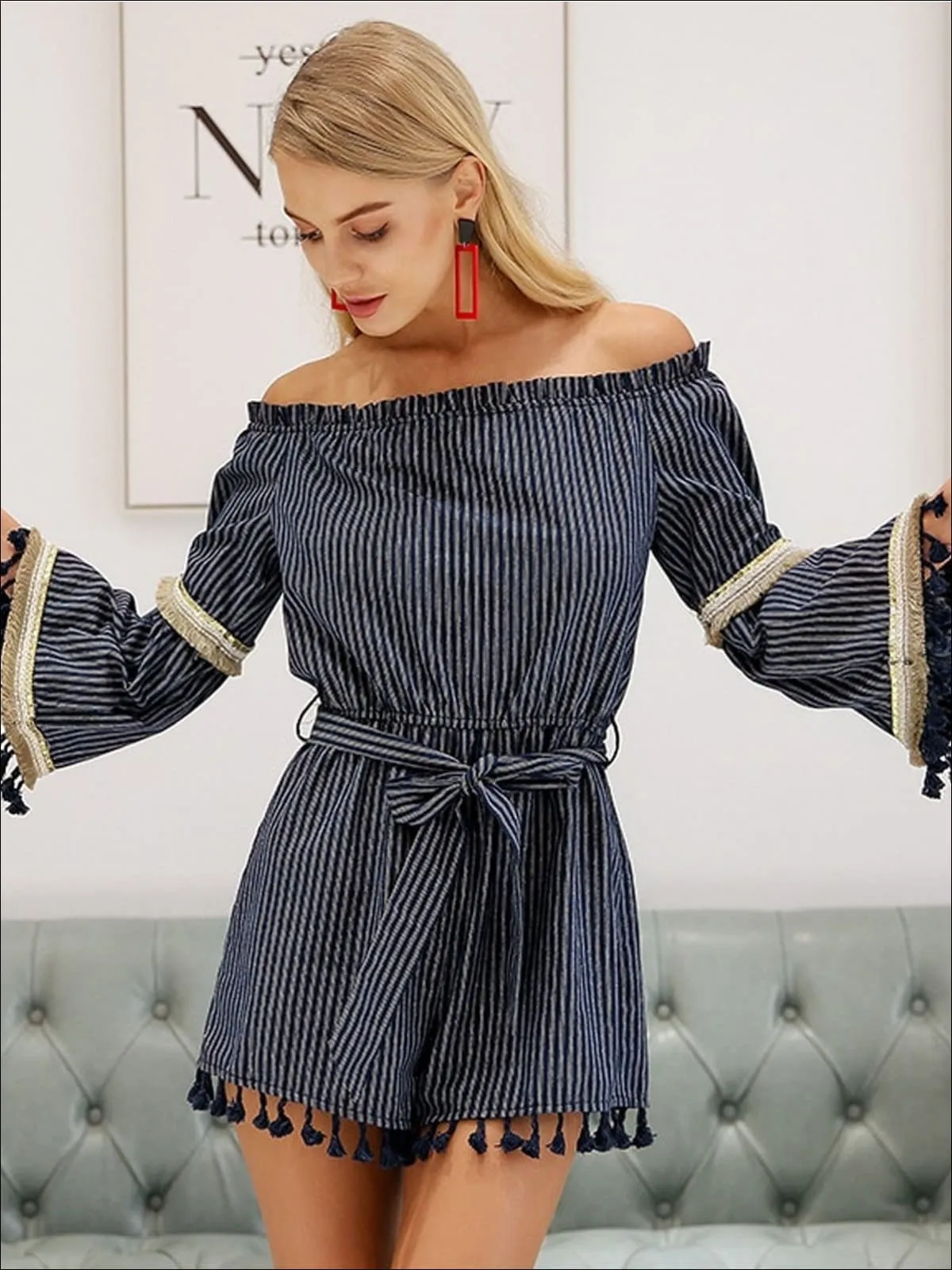 Women's Off The Shoulder Tassel Hem Striped Romper