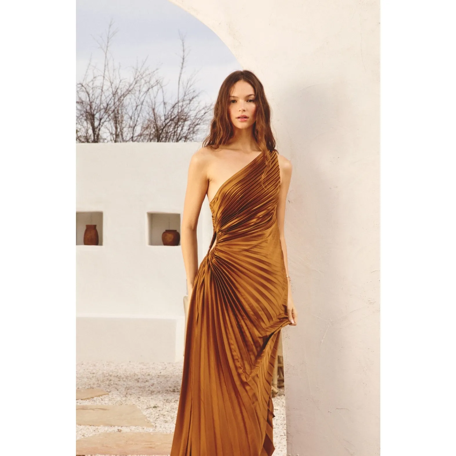 Women's Olympia Asymmetrical Pleated Maxi Dress in Golden Ochre