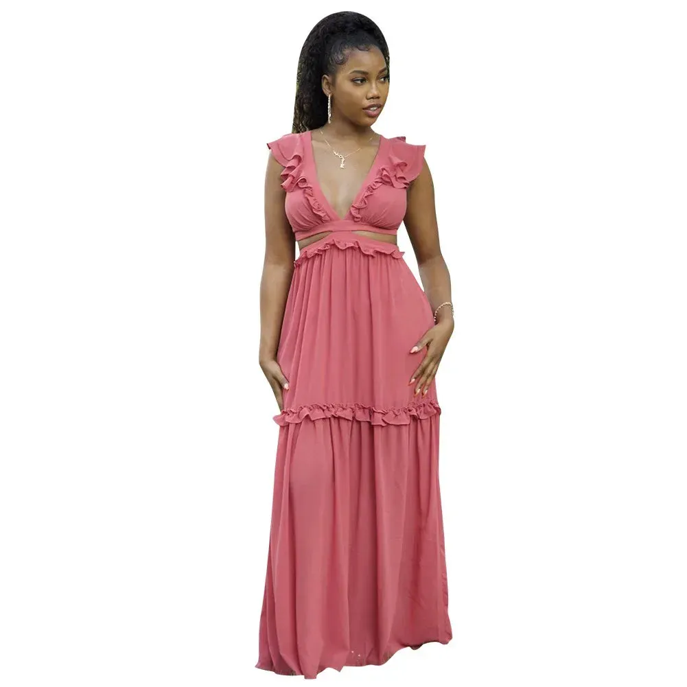 Women’s Ruffles V-Neck Sleeveless Open Back Maxi Dress