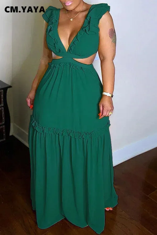 Women’s Ruffles V-Neck Sleeveless Open Back Maxi Dress