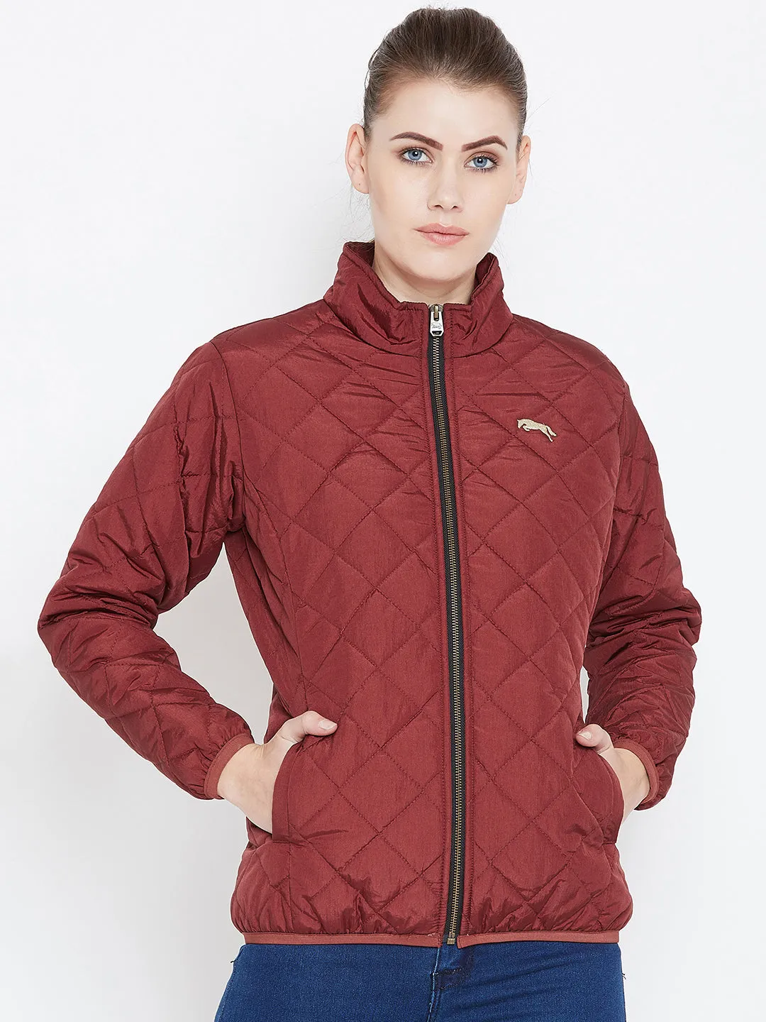 Womens Solid Ec Red Quilted Jacket