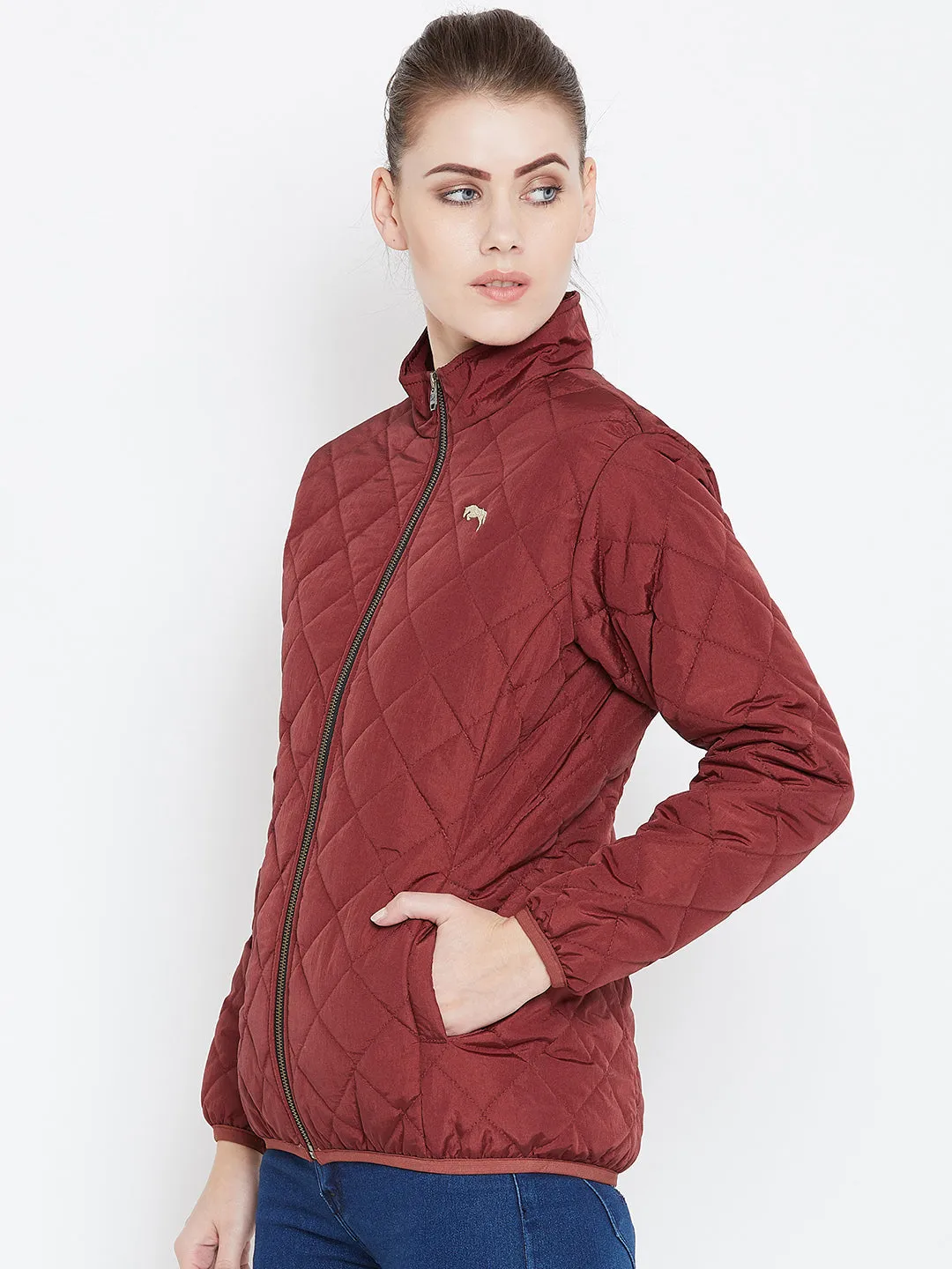 Womens Solid Ec Red Quilted Jacket