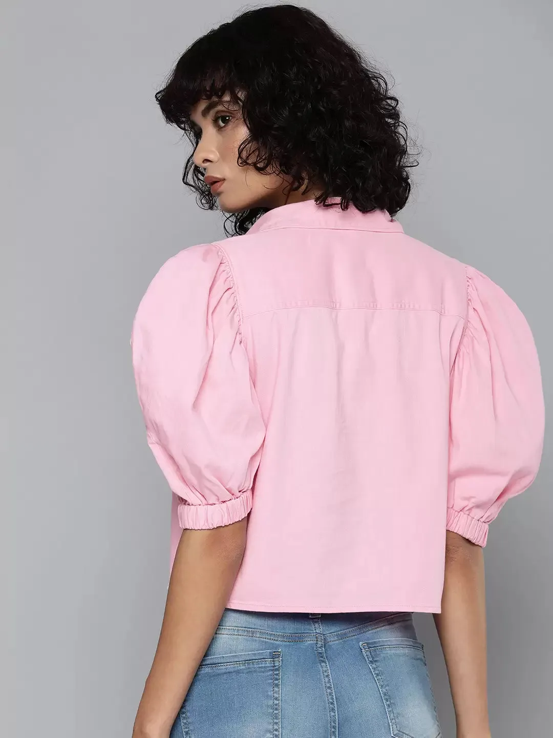 Women's Solid Pink Collar Nack Top