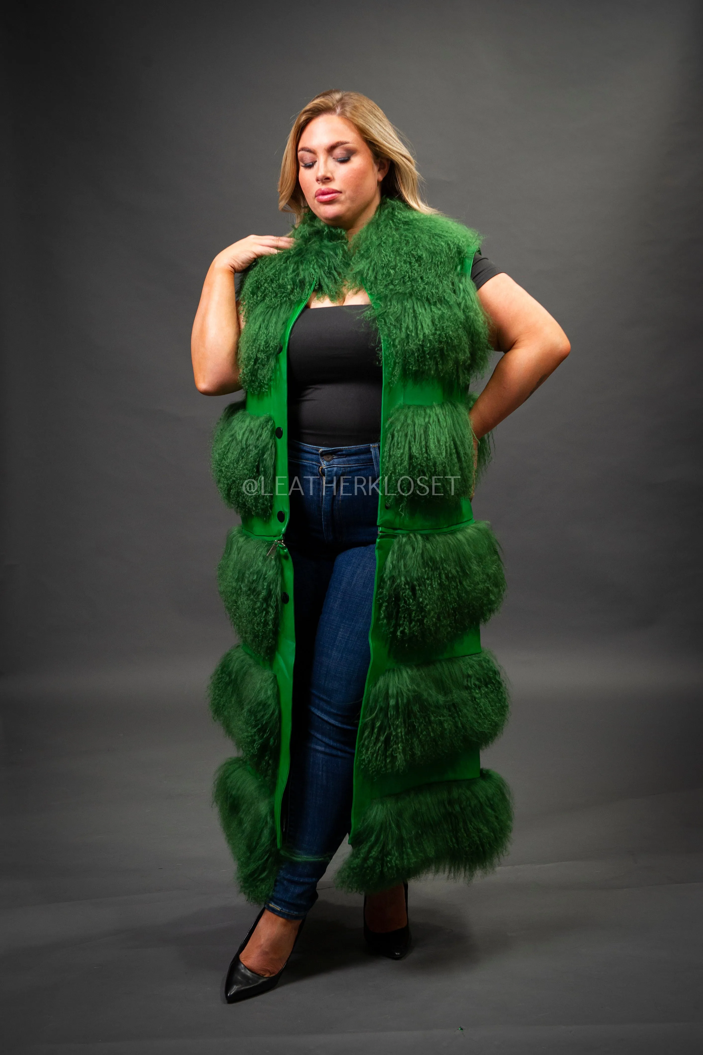 Women's Suede And Mongolian Lamb Fur Convertible Coat [Green]