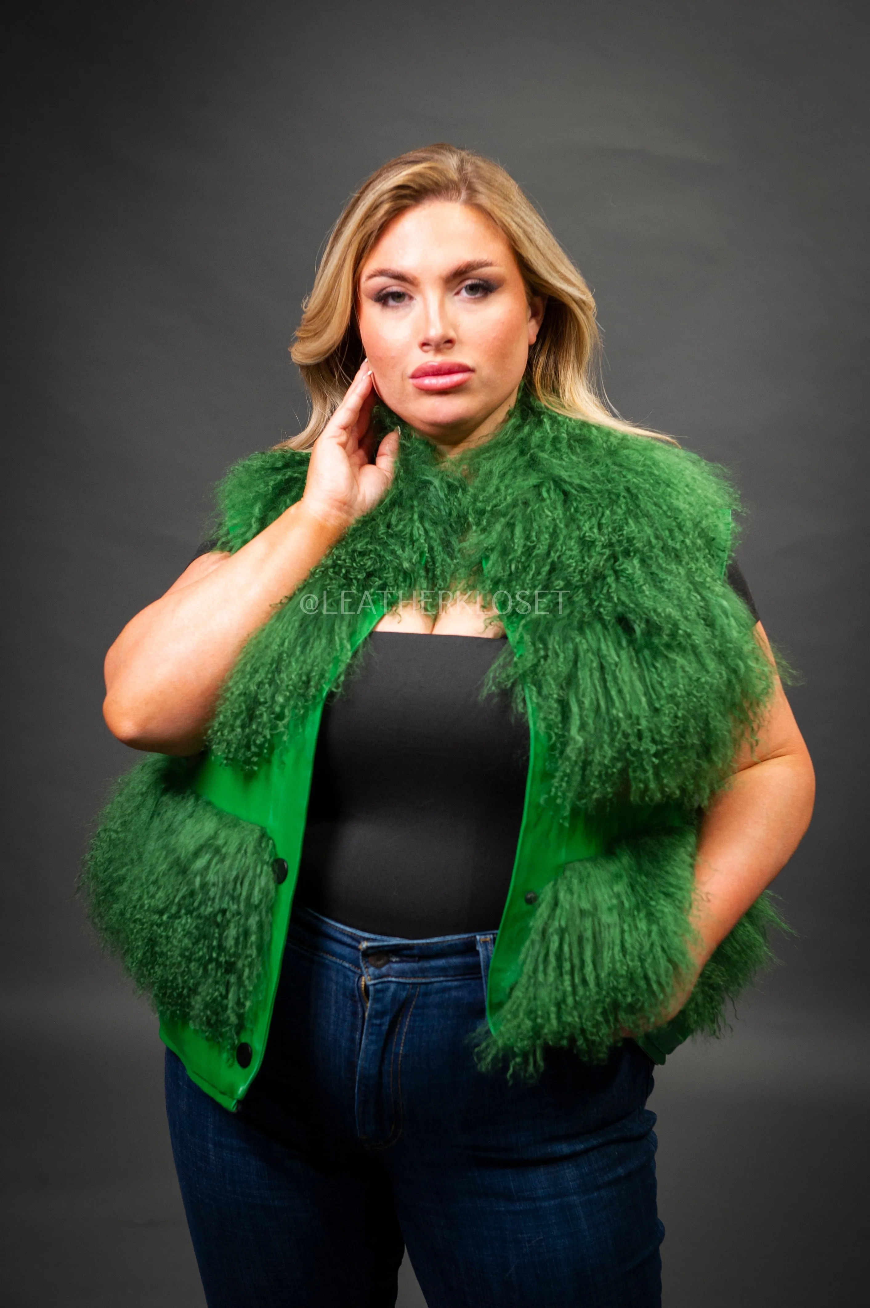 Women's Suede And Mongolian Lamb Fur Convertible Coat [Green]