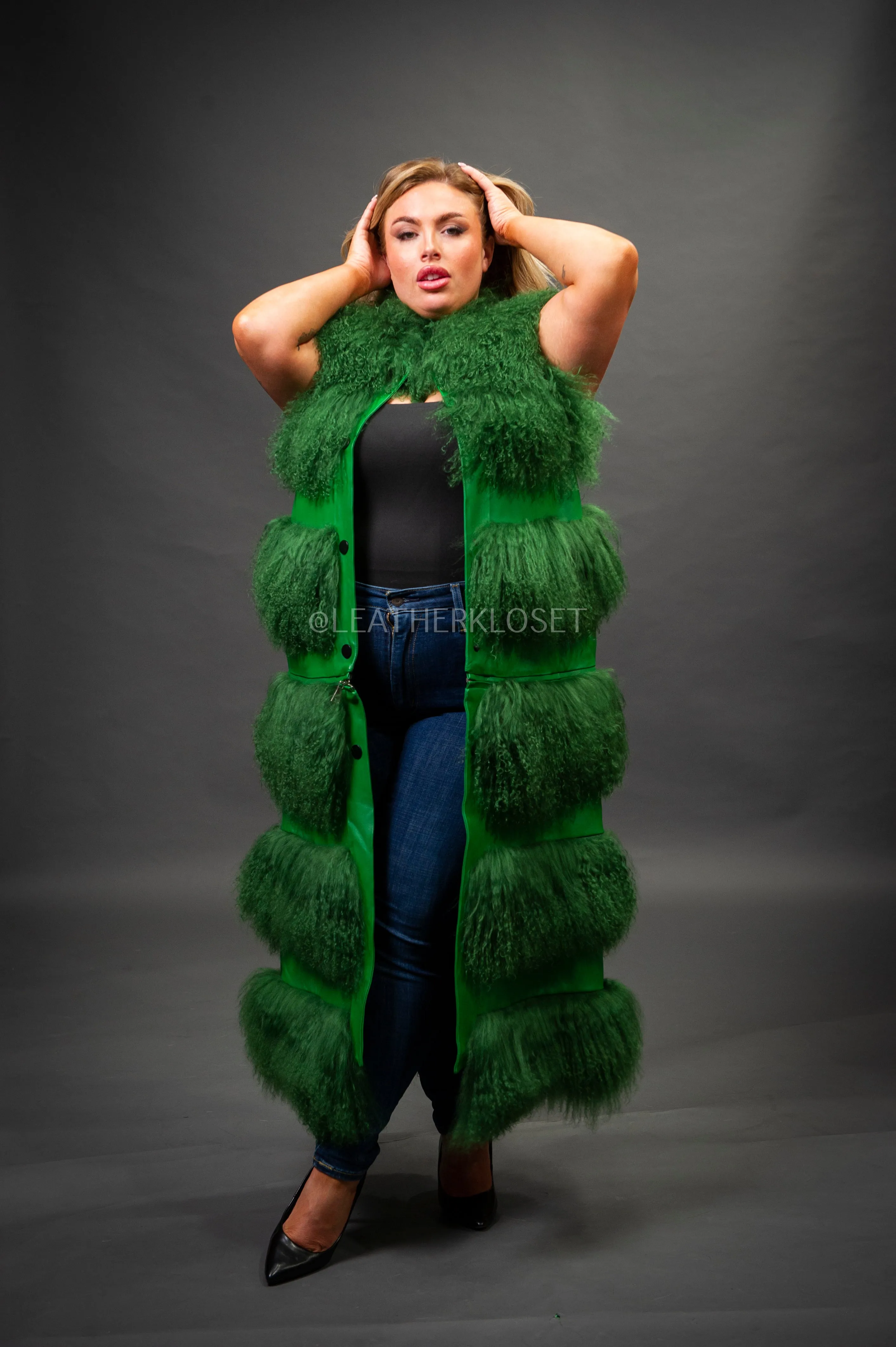 Women's Suede And Mongolian Lamb Fur Convertible Coat [Green]